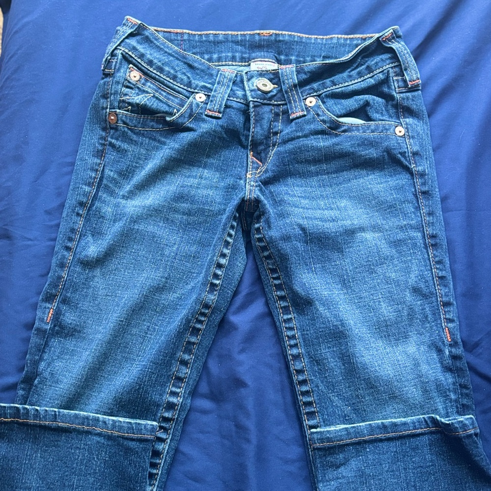 True Religion Blue Boot Cut Jeans with Contrast Stitching